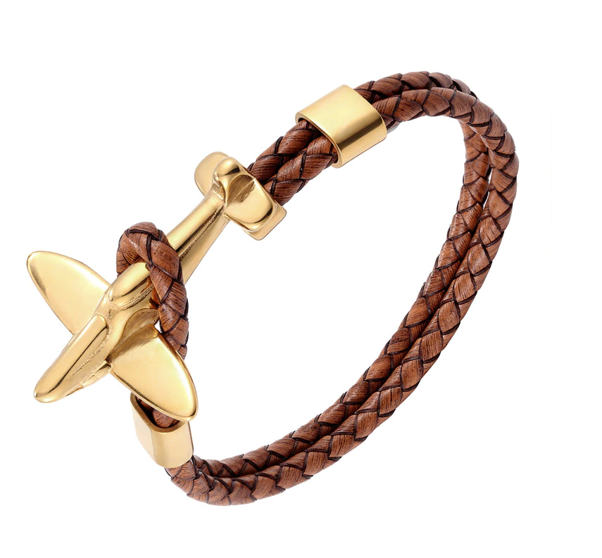 Tan Leather Airplane Clasp Bracelet