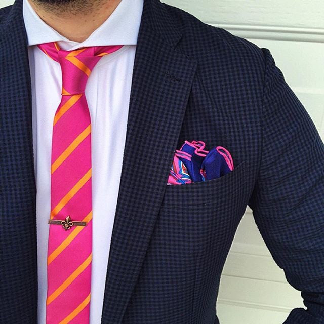 Pink Paisley Silk Pocket Square with Skinny Pink Striped Tie