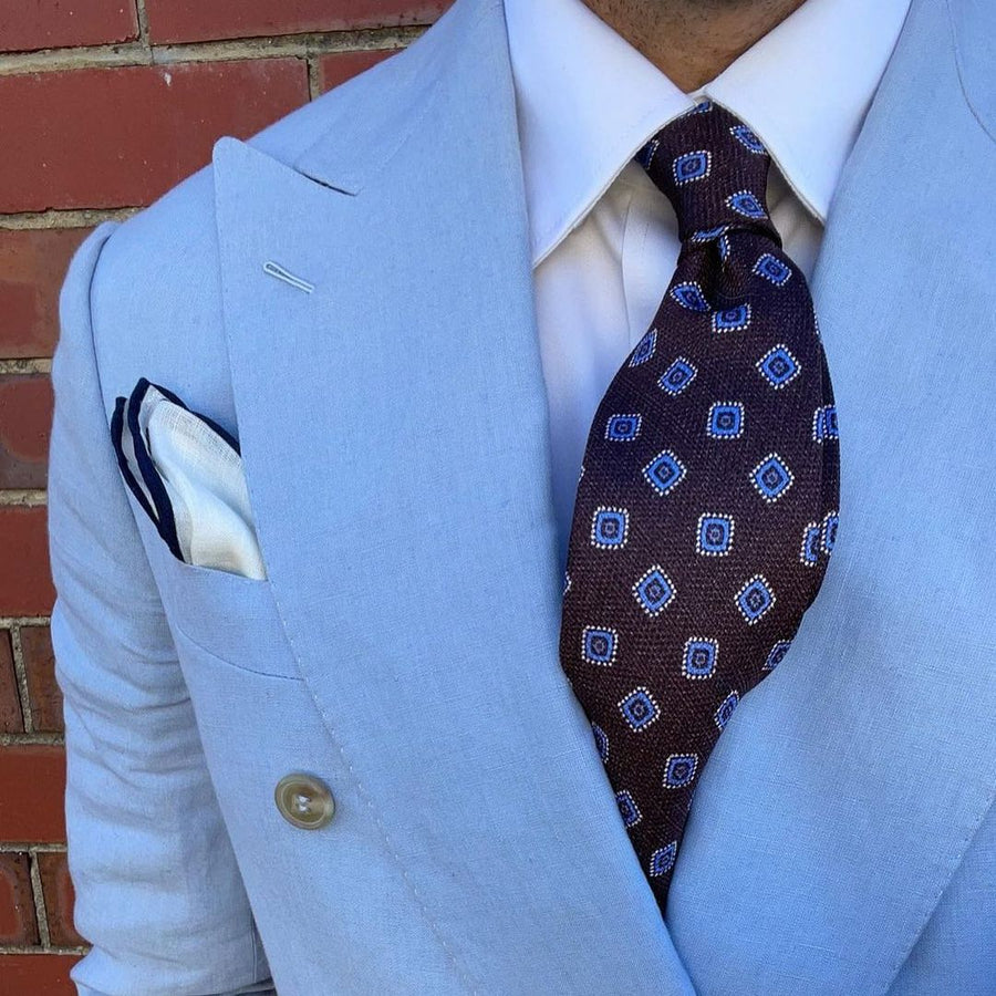 Brown & Blue Geometric Foulard Silk Tie