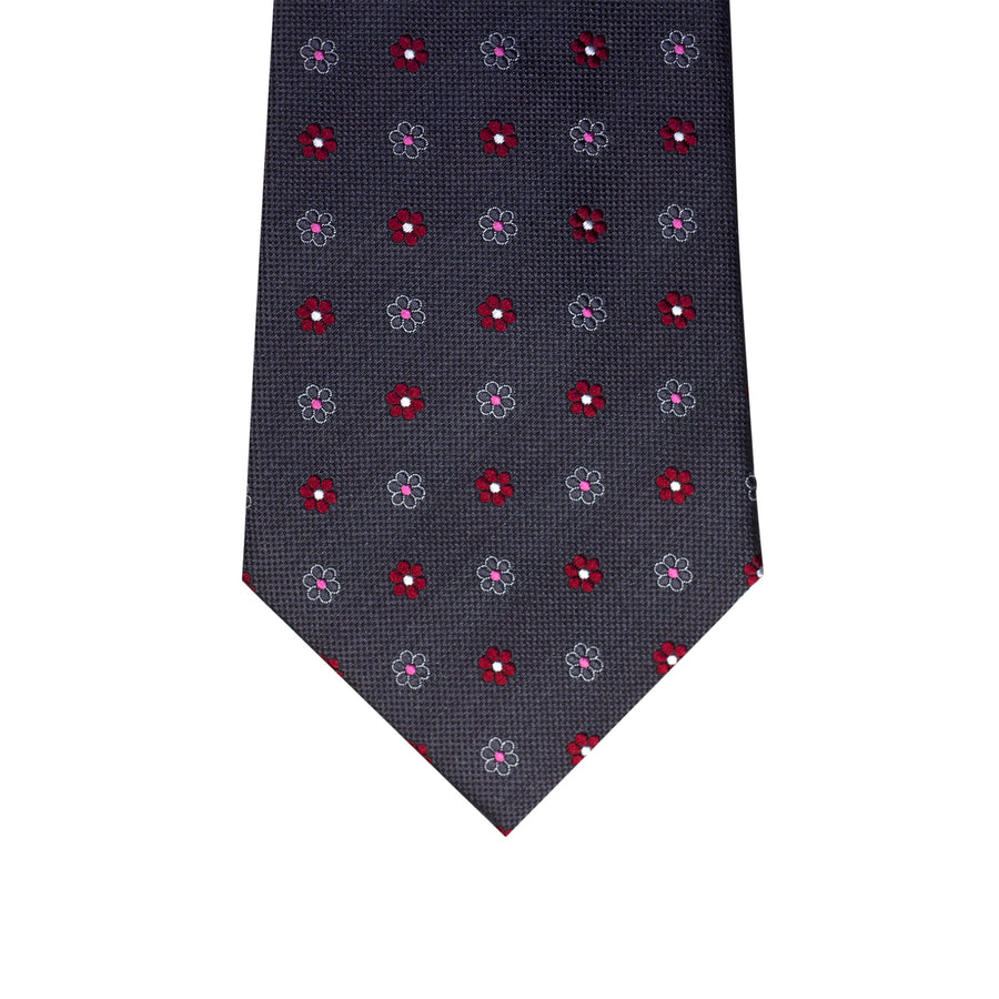 Grey & Red Geometric Foulard Silk Tie