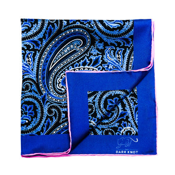 Blue Paisley Silk Pocket Square with Pink Hand Rolled Contrasting Edges