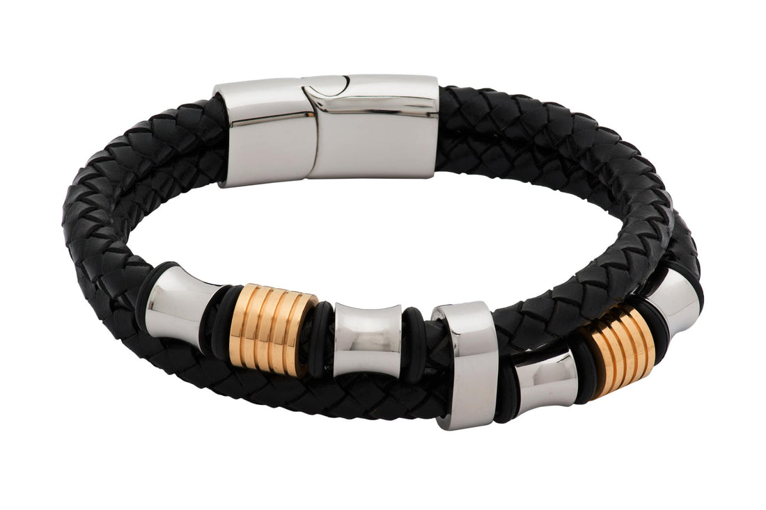 Black & Gold Leather Stainless Steel Bracelet