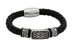 Black Leather Stainless Steel Men's Bracelet