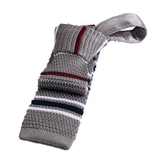 Grey & Burgundy Stripes Knitted Silk Tie