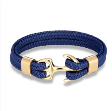 Navy & Gold Leather Anchor Bracelet