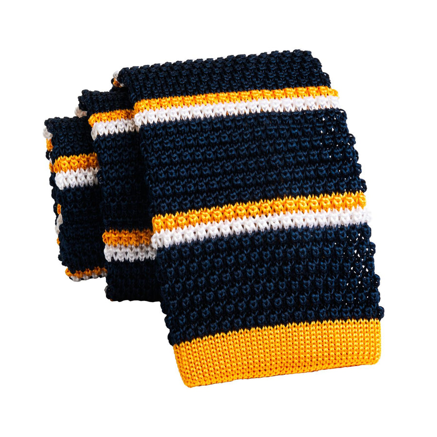 Navy & Yellow Striped Knitted Silk Tie