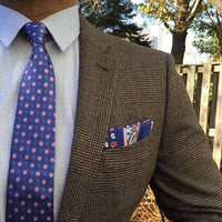 Blue White and Red Linen Pocket Square with hand rolled contrasting edges