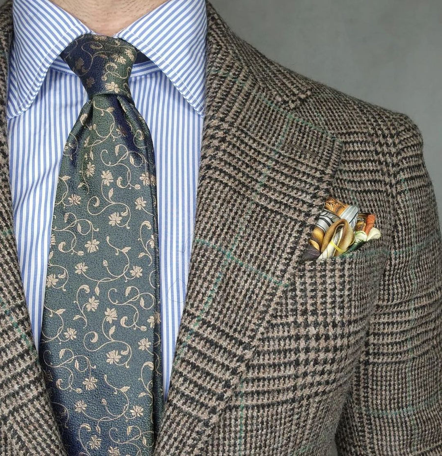 Olive Green & Gold Floral Silk Tie