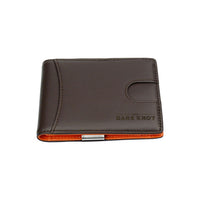 Brown slim leather wallet with orange interior