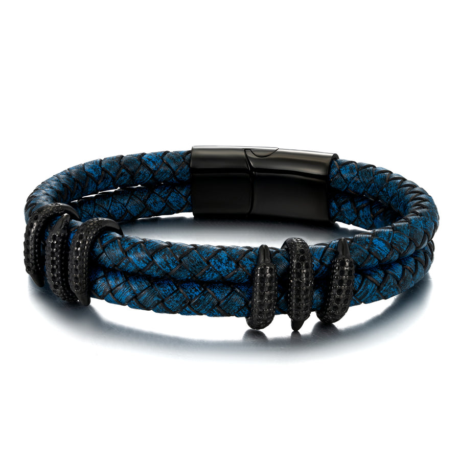 Los Altos Blue Leather Black Ornament Stainless Steel Bracelet