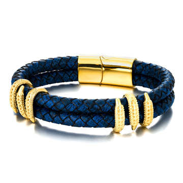 Los Altos Blue Leather Gold Ornament Stainless Steel Bracelet
