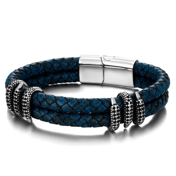 Blue leather bracelet with silver ornaments and silver stainless steel clasp