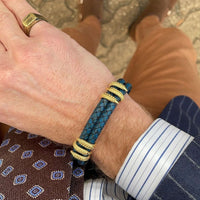 Blue Leather Gold Ornament Stainless Steel Bracelet