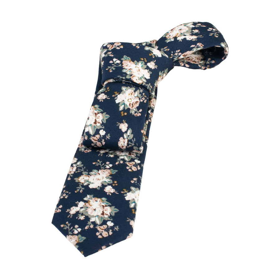 Navy, White & Green Floral Cotton Tie