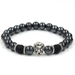Black beaded bracelet with silver lion's head