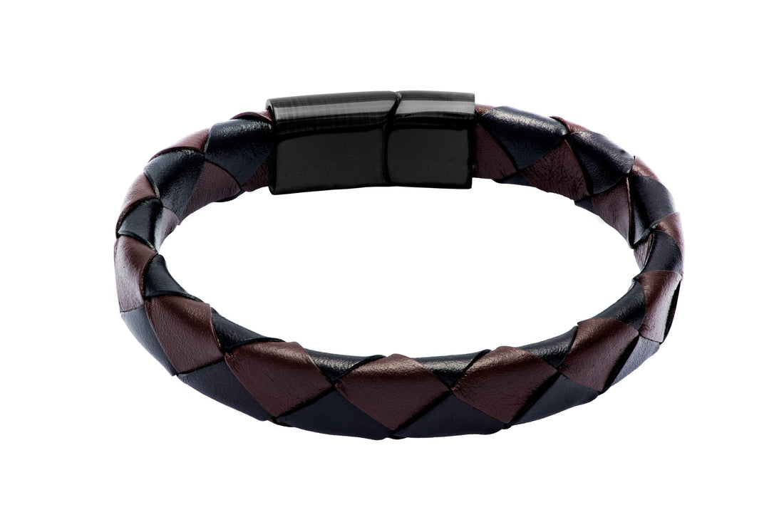 Brown & Black Leather Bracelet w/ Black Stainless Steel Clasp
