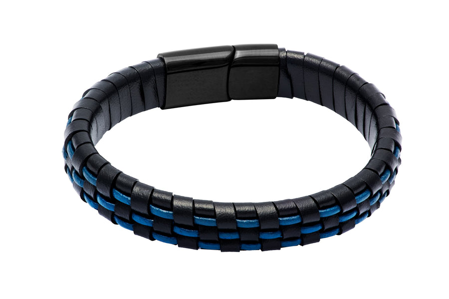 Black & Blue Leather Stainless Steel Bracelet
