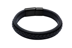 Black Leather Bracelet Stainless Steel Clasp