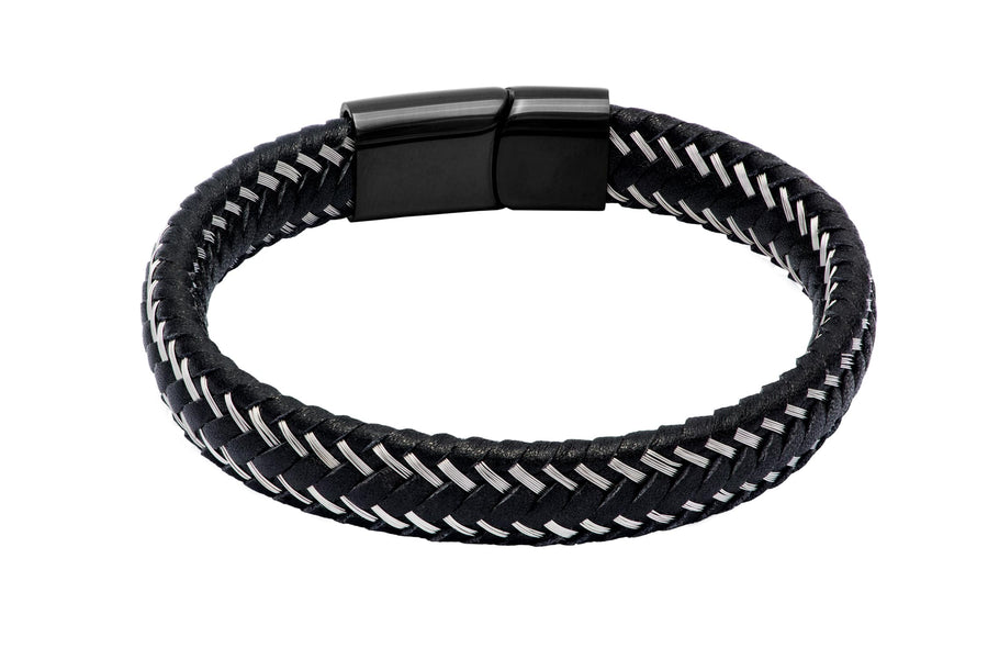 Black Leather Bracelet Silver Trimmings Stainless Steel Clasp