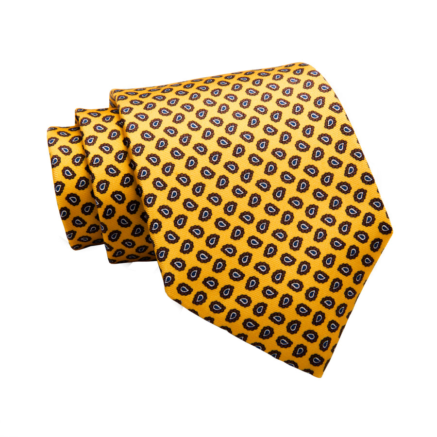 Menaggio Printed Foulard Silk Tie, Yellow / Brown