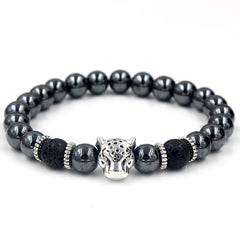 Black beaded bracelet with silver leopard's head