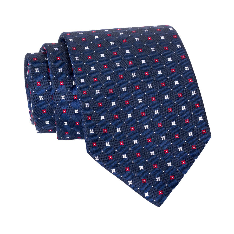 Navy & Red Geometric Foulard Silk Tie