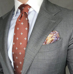 Burgundy & Silver Geometric Foulard  Patterned Silk Tie & Gold Paisley Silk Pocket Square 