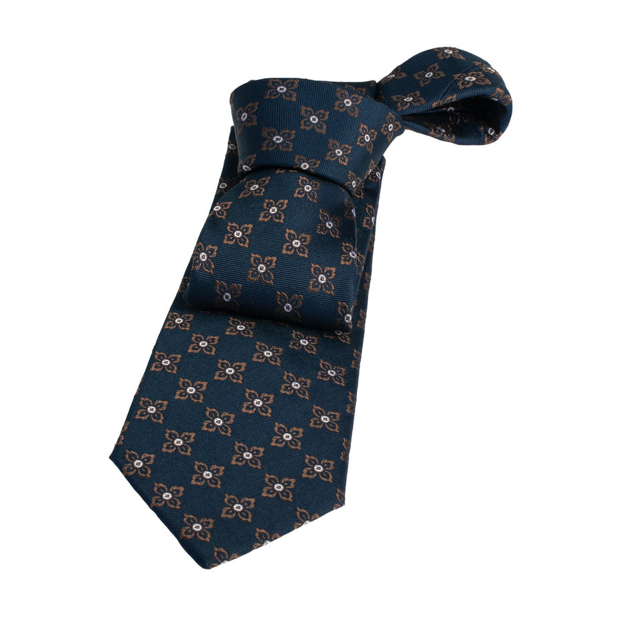 Navy & Light Brown Geometric Foulard Silk Tie