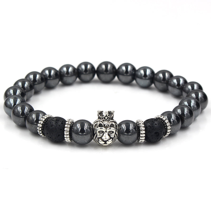 Black beaded bracelet with silver lion's head