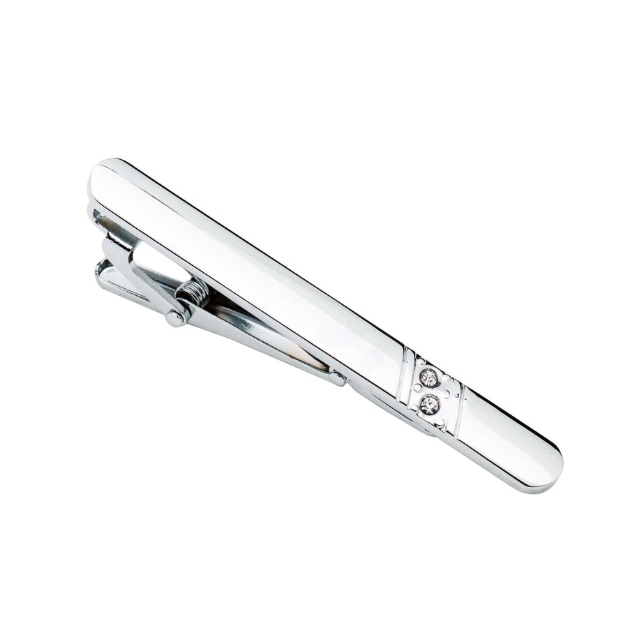 Silver Stainless Steel Tie Bar w/ Crystals
