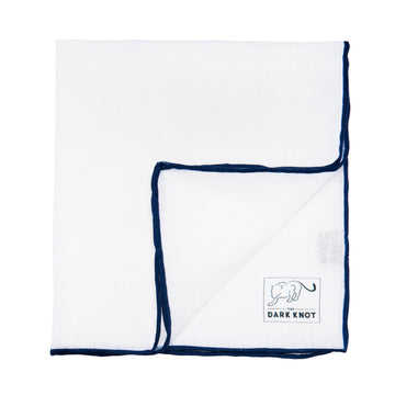 White Linen Pocket Square with Navy Hand Rolled Edges