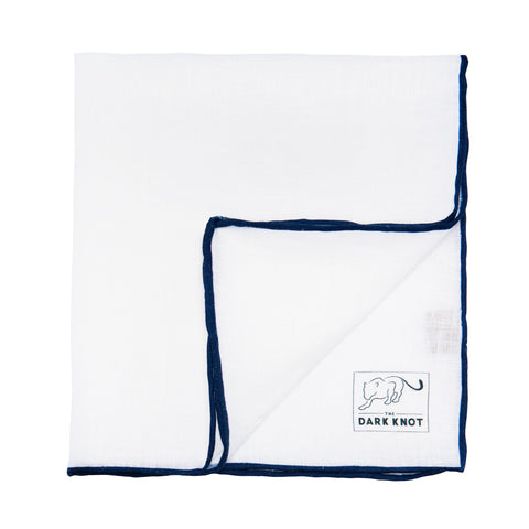White Linen Pocket Square with Navy Blue Handrolled X Stich - Fort Belvedere