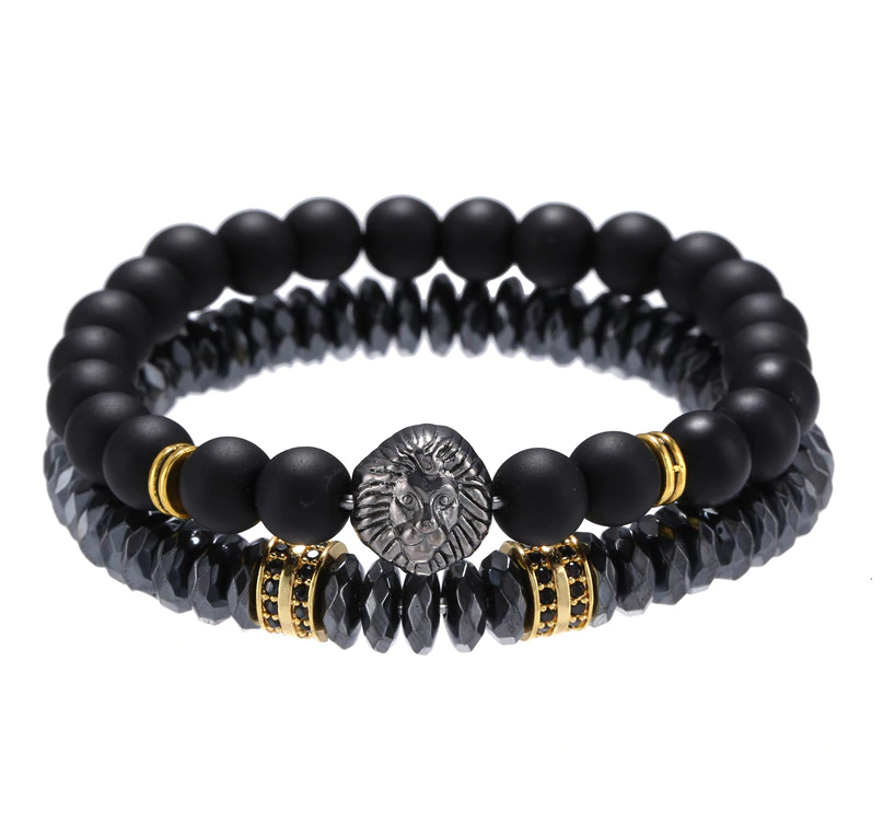 Black Stackable Beaded Bracelet with silver lion's head