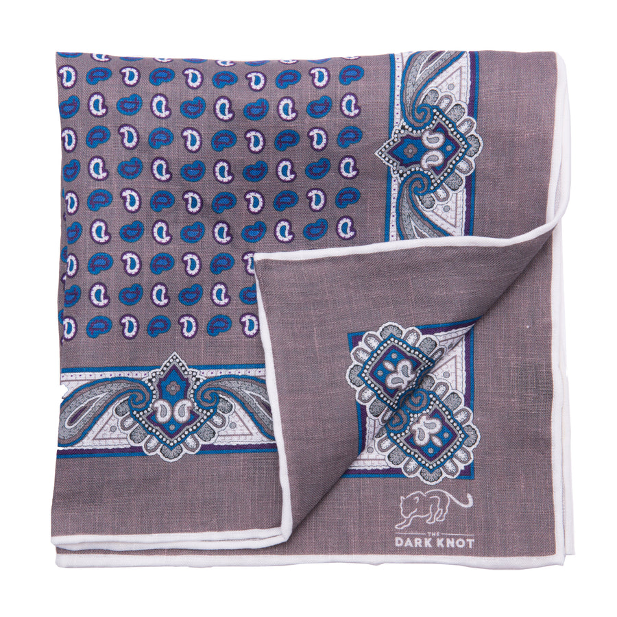 Grey and Blue Foulard Linen Pocket Square
