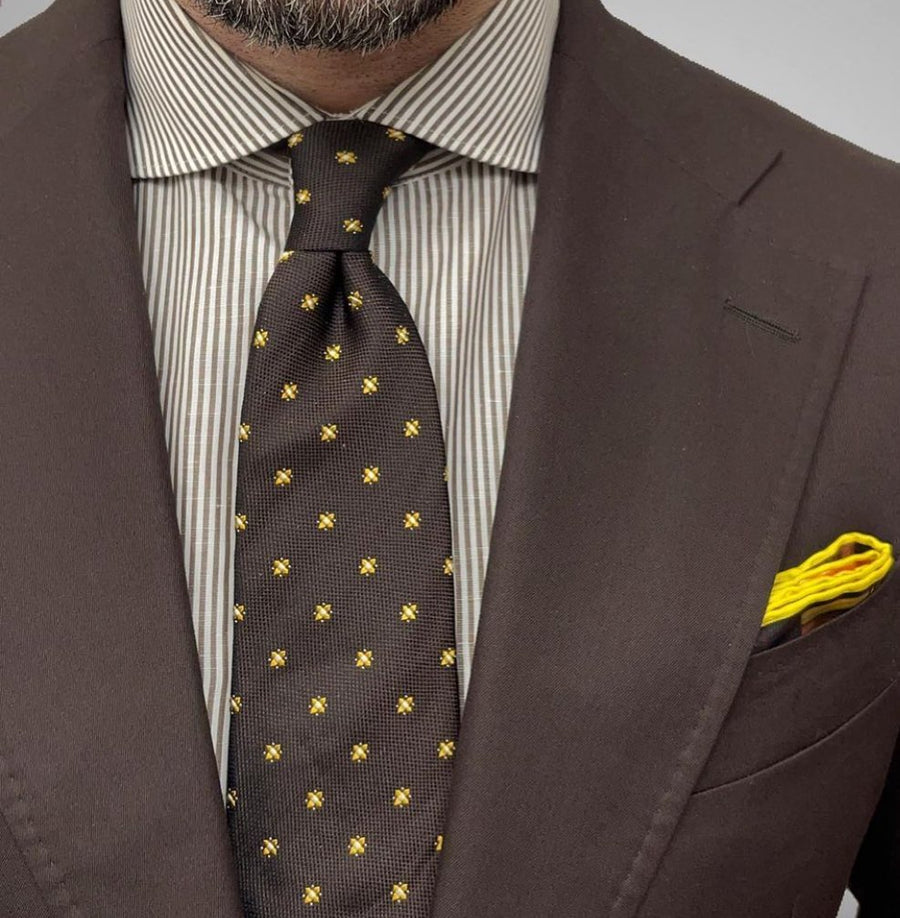 Dark Brown & Gold Geometric Foulard Silk Tie